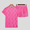 Mens Tracksuits Mens Set Sexy Leisure Loose Comfort Homewear Short Rose Red Lace Perspective Short Sleeve Shorts Set S5xl Incerun 230413