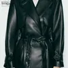 여자 트렌치 코트 이보 가렐 쇼트 가짜 가죽 트렌치 코트 옷깃 칼라 가을 겨울 블랙 캐주얼 외부웨어웨어 231113