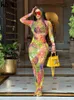 Günlük Elbiseler Kliou Renkli Baskı Maxi Elbise Kadın Parlak Çarpıcı Oymak Tam Kollu O-Boyun Robe Kadın Zarif Sokak Stili Bayan Bodycon 230413
