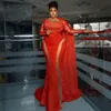 2023 Plus Size Aso Ebi Prom Dresses Red Mermaid Long Tulle Sleeves Sweetheart Neck African Nigeria Evening Dresses Vestidos robes de soiree Beaded Sequined Gowns