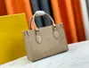 Designer On-The-Go Tote: Mini Embossed Leather Bag for Women with Monograms, Flowers & Shoulder Strap - Cream, Beige & Cognac Brown