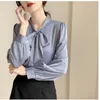 Kvinnors blusar Deeptown Kvinnor Elegant Chiffon White Shirt med Bow Office Ladies Long Sleeve Lace Tops Female Korean Style Chic Loose