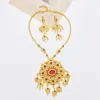 Necklace Earrings Set Golden Chains Tassel Zircon Red Gemstone For Women Thailand Egypt India Bride Wedding Accessories