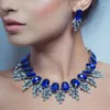 Halsbandörhängen Set Luxury Jewelry Elegant Wedding Prom Crystal Earring and Chunky Bib Choker Royal Blue Rhinestone Statement For Women