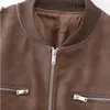 Couro feminino 2023 outono falso jaqueta feminina casual o-pescoço manga longa bolsos casaco para zíper