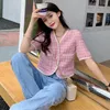 Women's Blouses Vintage Fashion Summer Retro Korte Koreaanse plaid tweed vrouwen korte mouw dunne shirt vrouwelijke elegante crop top