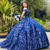 Lacivert quinceanera tatlı 16 prenses elbisesi aplike boncuk pullu doğum günü partisi balo elbiseleri vestido de 15 anos