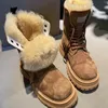 23 Hiver nouvelles bottes à fond plat femmes célèbres concepteur à lacets marque chaude bottes de neige en cuir véritable tête ronde semelle épaisse augmenter anti-dérapant dames botte de neige