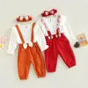 Kledingsets Babymeisjes Spring -outfit Wit Wit met lange mouwen Ruches Tops Solid Color Suspender broek Hoofdband