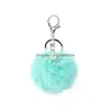 25 Colors Solid Pearl Fur Rabbit Pompom Keychain Holder Fluffy Furry Fuzz Custom Bag Pendant Faux Ball Shape Pom Keychains Drop Delive Dhp58