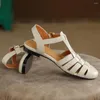 Sandalias de cuero genuino para mujer, banda estrecha, jaula trenzada, punta redonda, zapatos planos con correa en T, estilo romano, verano, informal, Shpes diarios