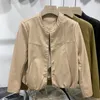 Veste européenne en cuir PU à col rond pour femme, automne et hiver 2023, ourlet sous-cutané lavé avec Design froissé court