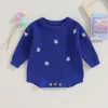 Rompers Tregren 0 24M Infant Baby Girl Knitting Romper Flower Embroidery Round Neck Long Sleeve Knit Jumpsuit for Fall Winter Clothes 231113