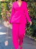 Kvinnors tvådelade byxor CM.Yaya Elegant Rose Red Blazer Suit and Wide Leg Pants Two 2 Piece Set for Women Autumn Winter Street Outfit Tracksuit 231114