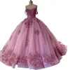 Vestidos quinceanera rosa choque 3d apliques florais miçanos modernos fora do ombro de corpete da princesa PROM Vestidos de 15 ANOS