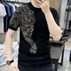 メンズTシャツ高品質のタイガーラインストーンセーターメンズTシャツドリルスリムフィットラウンドネックニット半袖ティーティー