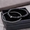 Strand 2Pcs/Set Beaded Bracelet Men Women Black Natural Lava Stone Beads Hematite Cross Prayer Bangles Meditation Yoga Jewelry