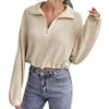 Femme Polos Chandails Décontracté Manches Longues Boutonné Col Ras Du Cou À Volants Fermeture Éclair Revers Tricoté Pull Pull Hauts Couleur Unie Rayé