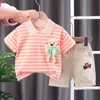 Clothing Sets Fashionable summer children's baby boy striped set short sleeved T-shirt and doll+shorts casual clothing girl clothing 2PCS/set 231114