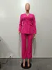 Kvinnors tvådelade byxor CM.Yaya Elegant Rose Red Blazer Suit and Wide Leg Pants Two 2 Piece Set for Women Autumn Winter Street Outfit Tracksuit 231114