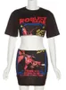 Tweede stuk jurk Sifreyr Letter Print Black 2 Set vrouwen bijpassende streetwear pakken o nek korte mouw kale middenrif crop topmini rok sets 230413