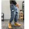 Men's Pants Streetwear Men Pattern Blue Mop Pants Fashion Hip Hop Multiple Pockets Broad Leg Overalls Temperament Versatile Jeans Autumn 230414