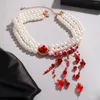 Collier gothique multicouches en perles de cristal rouge pour Halloween, Harajuku, Imitation de perles, clavicule, bijoux de fête Cosplay pour femmes