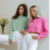 Kvinnors blusar Turn-Down Collar Casual Crop Top Gröna fickor Långt SEEVELIGA SOLID BLOUE SHIRT Fashion Button Elegant Women