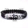 Charm Bracelets 2Pcs/Set Natural Stone Beads Couple Skull Bracelet Set For Men Women 6MM Beaded Yoga Chakra Jewelry Accessories Gifts