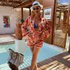 Tute da donna TRAF 2023 Donna Indie Folk Red Floral Summer Set 2 pezzi manica lunga scollo a V Mujer top corti e pantaloncini a vita alta a gamba larga 230413