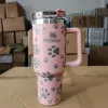 40oz Kedi Pençeleri Sap ve Samanlı Büyük Kapasiteli Yeniden Kullanılabilir Tumbler Baskı Bira Kupa Su Şişesi Tozu Dış Mekan Kamp Kupası 1114