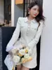 Dresses Luxury Fashion Small perfume White Knitted Party Dress Vestidos Autumn Elegant Fashion Beaded Button Sweater Women 231114