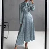 Casual Dresses Elegant Floral Printed Waist Long Dress Women Fashion Bow Lace-up Bodycon Party Office Sleeve Satin Maxi