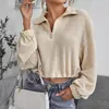 Femme Polos Chandails Décontracté Manches Longues Boutonné Col Ras Du Cou À Volants Fermeture Éclair Revers Tricoté Pull Pull Hauts Couleur Unie Rayé