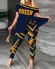 Pantaloni a due pezzi da donna Summer Fashion Stampato Set Causa Off spalla manica corta Split T-Shirt Leggings Slim 2 Suit 230414