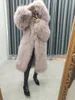 レディースジャケット本物のモンゴルの羊の毛皮のオーバーコートフード付きビーチウールコート冬の子羊の長いアウターウェアレディースシープスキン服231114