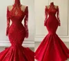 Robes de soirée robe de bal de fête rouge formelle fermeture éclair personnalisée à lacets grande taille nouvelle sirène perlée appliques col haut manches longues paillettes de satin