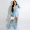 Women's Tracksuits Lace Embroidery Two Piece Set Women Elegant Sexy Long Sleeve Cardigan Jackets See Through Wide Leg Pants Designer Party Suits 230413