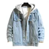 Jackets de jaquetas masculinos jaqueta de peito de peito simples e com capuz de primavera outono solto de colarinho solto de jeans de jeans casual roupas diárias