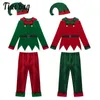 Set di abbigliamento Bambini Ragazzi Ragazze Natale Costume da elfo di Babbo Natale Festa di Natale Velluto Maglie a maniche lunghe con pantaloni Cintura Cappello Completo Gioco di ruolo da elfo 231113