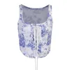 Kvinnors tankar Kvinnor Blue Cardigan ärmlös inslagna brösttunika Camisole Summer Floral Print U-hals Croped Tank med hängslen