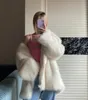 Femme Cuir Faux Cuir HAUTE QUALITÉ Hiver Grand Revers Manteau De Fourrure À Manches Longues Lâche Chaud Shaggy Fausse Fourrure Veste Lâche Manteau Blanc Kaki 231114