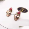 Stud Cute Pink Rose Skl Ear Studs Rhinestone Skeleton oorbellen Fashion sieraden voor vrouw