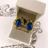 Stud Earrings Sapphire Vintage Carved Medieval Court Style French Elegant Versatile Temperament Western Antique Earstuds Earclip