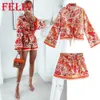 Tute da donna TRAF 2023 Donna Indie Folk Red Floral Summer Set 2 pezzi manica lunga scollo a V Mujer top corti e pantaloncini a vita alta a gamba larga 230413