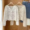 Damenblusen Damen Lace Flare Langarmbluse V-Ausschnitt Button-Down Cropped Cardigan Hollow Crochet Floral Durchsichtige Jacke Shirts