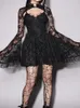 Kurtki damskie 2023 Wahgothic patrz przez seksowne uliczne zabytkowe koronkowe nakładki Kobieta moda Cosplay Coat Płaszcz Black Fairy Grung