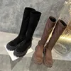 Botas outono/inverno nova moda sola grossa salto alto elástico preto pelúcia versátil casual manga fina longa