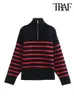 Women's Sweaters TRAF Women Fashion Loose Striped Asymmetry Knitted Sweaters Vintage Long Sleeve Zip-up Female Pullovers Chic Tops 231113
