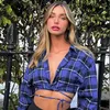 Chemisiers pour femmes Combhasaki Womens Vintage Chic Trendy Shirt Crop Tops Plaid Revers Manches Longues Tie-Up Button-Down Blouse Pour Le Printemps Automne